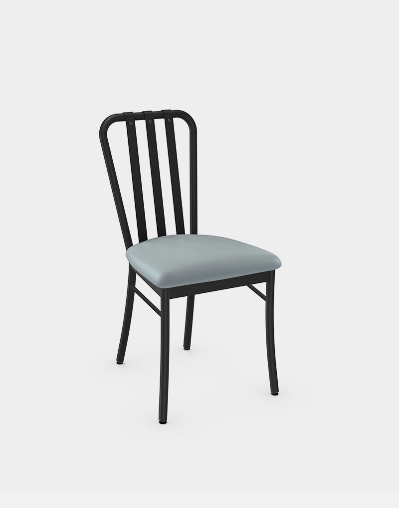 Cedric Industrial Restaurant Chair with light grey upholstered seat Cushion for indoor restaurant and dining seating