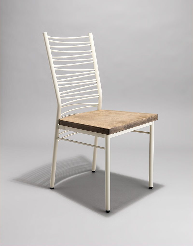 cora contemporary restaurant chair with modern metal lined white back pattern and wood seat
